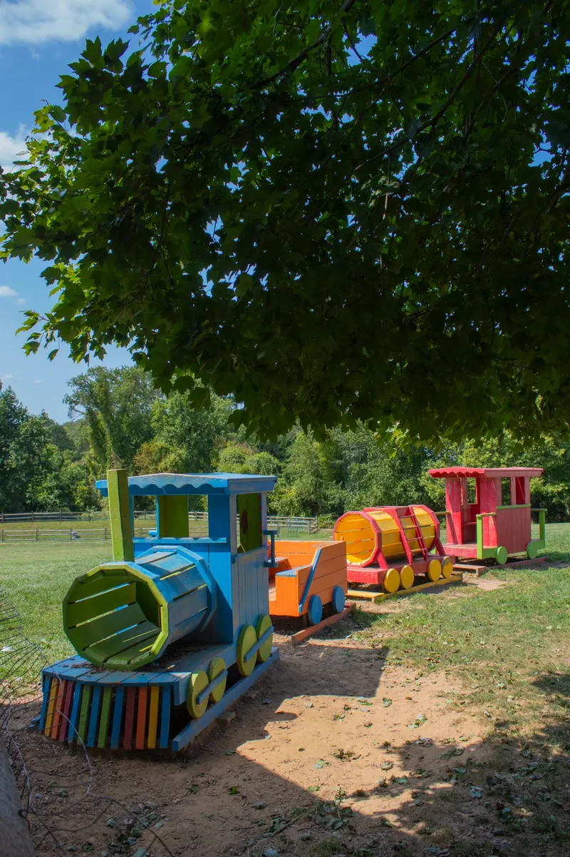 A painted wooden train in the play yard